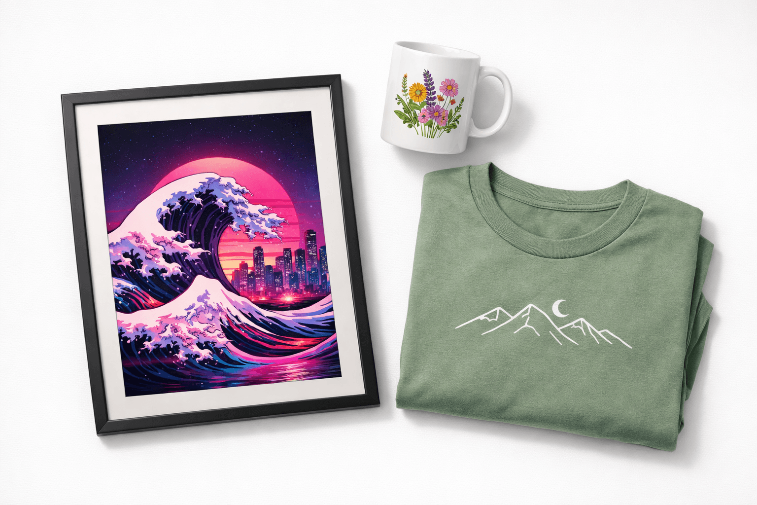Flat lay of poster, mug, and t-shirt with AI-generated artwork