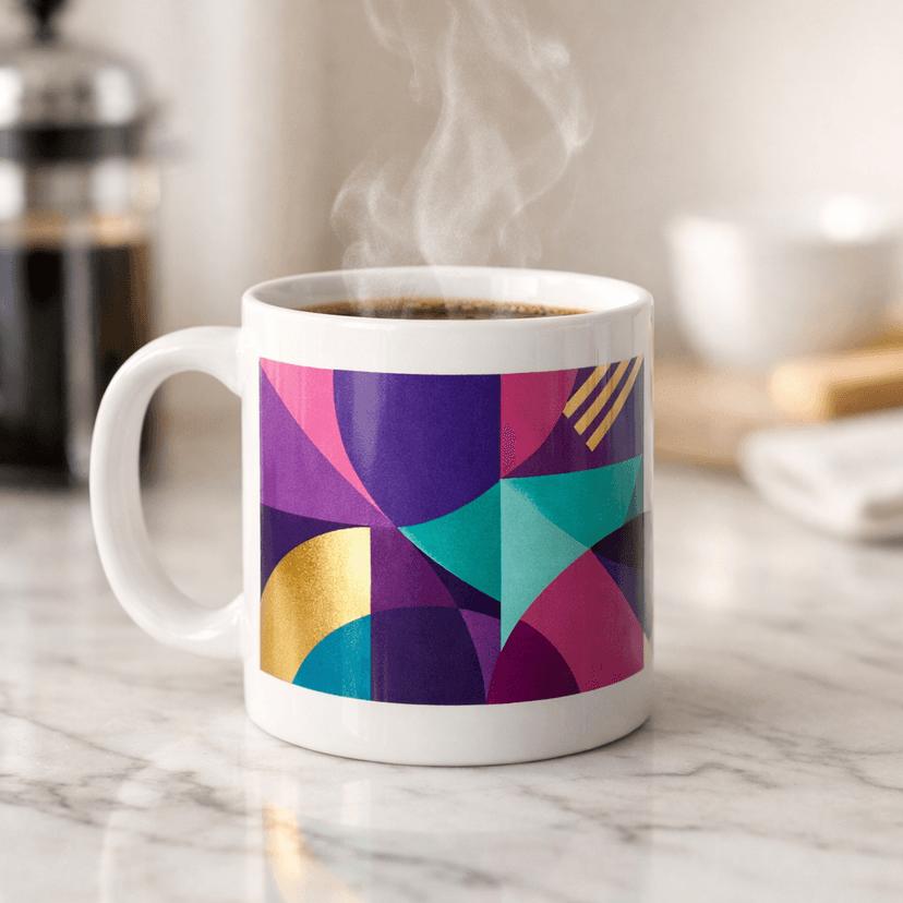 White ceramic mug with colorful geometric art print